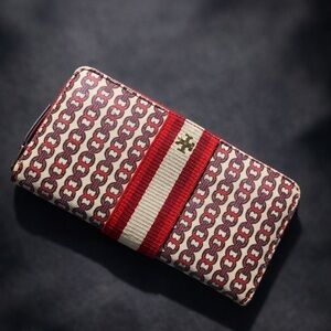 Tory Burch Red and Cream Patterned Wallet